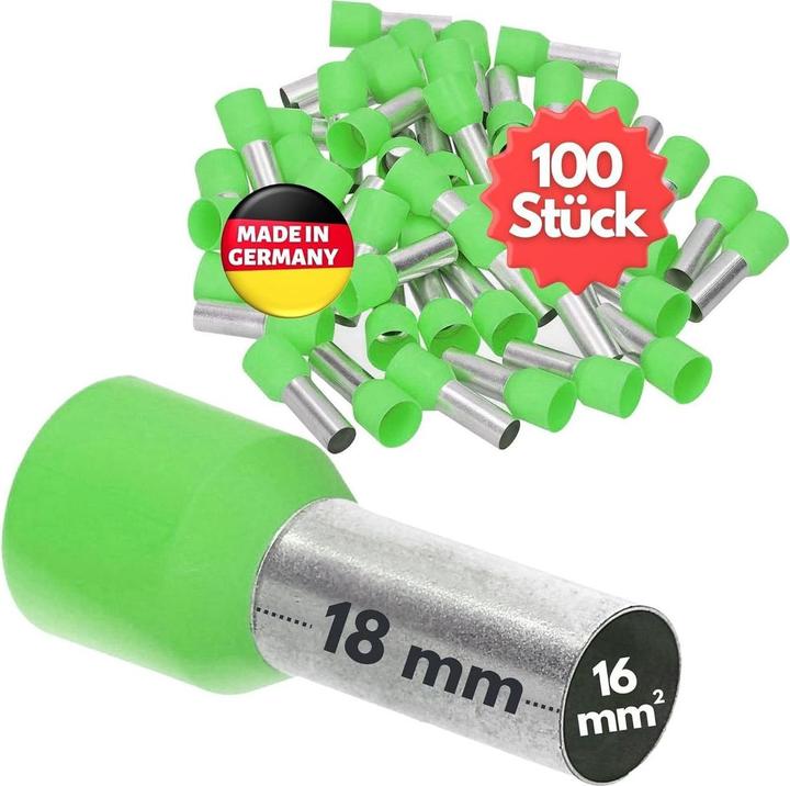 Kalitec 100 Stück AE1618GN Aderendhülsen isoliert 16,0mm² 18mm lang grün I Made in Germany I Industr