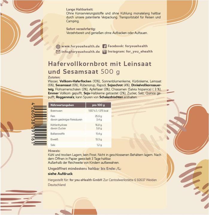 Nutritional values and ingredients For You prebio bread (1 Piece, 500 g)