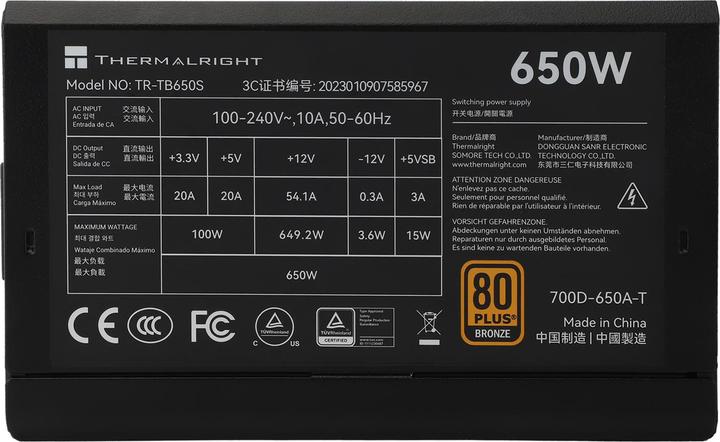 Actual product image Thermalright TR-TB650S Black -PSU, 80+ Bronze, 650W (650 W)