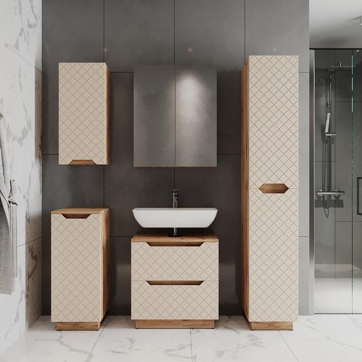 Actual product image Vicco Waschbeckenunterschrank Lotta, Eiche/Kaschmir mit Kachelstruktur, 59.8 x 62.5 cm mit 2 Schubladen (59.80 x 32 x 62.50 cm)