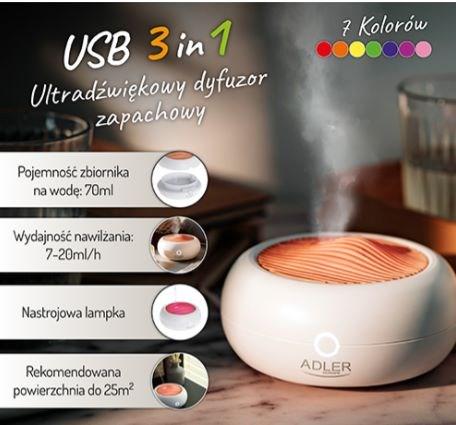 Actual product image Adler AD 7969 USB Ultrasonic aroma diffuser 3in1, White (70 ml)