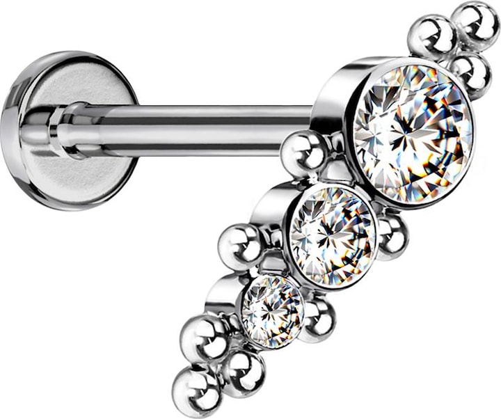 Produktbild Star Piercing Micro Labret Innengewinde silber mit Kugeln und drei Kristallen (ohne Messing, Titan G23)