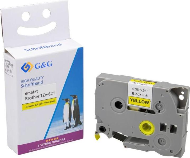 Produktbild G&G Schriftband 9mm x 8m sw - gb Komp. m. Brother TZe-621 (0.90 cm, Gelb)