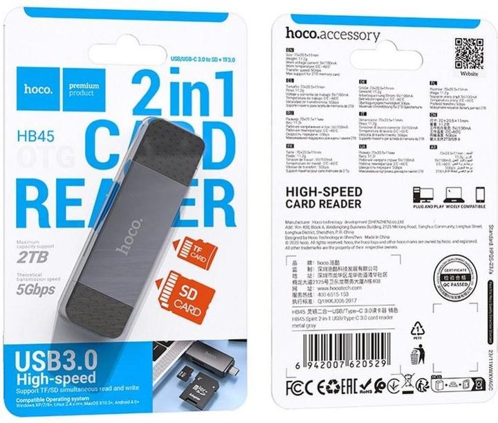 Actual product image Hoco Headphone with microphone Card reader SD / TF USB A / USB C 3.0 metal gray (USB 3.0, USB-C 3.0)