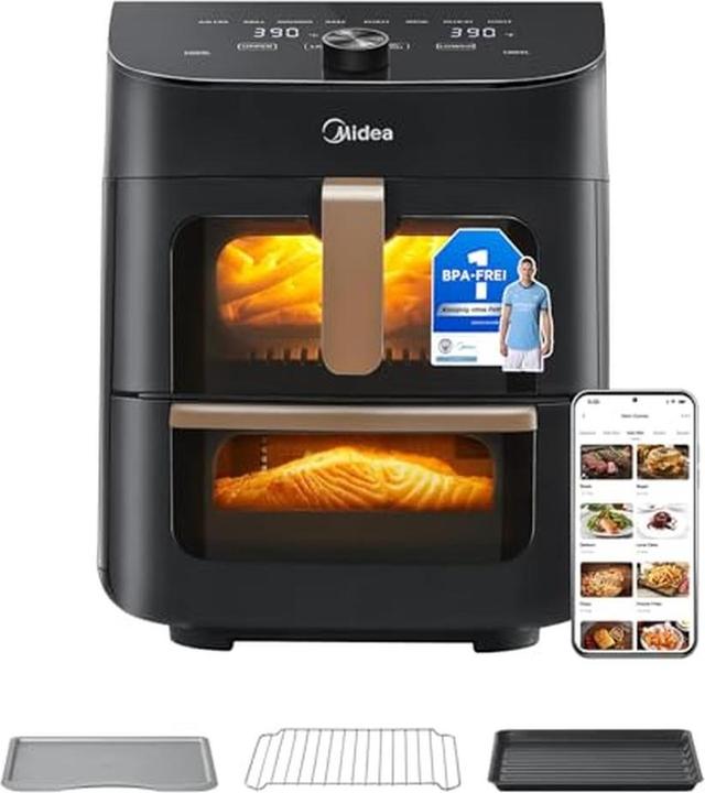 Midea Friteuse à air chaud double zone, antiadhésive, lavable au lave-vaisselle, 8-en-1, avec application