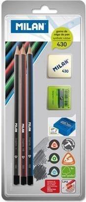 Dreieckige Bleistifte 3* + quadratischer Radiergummi und Temp. MAILAND (2B, B, HB, 3x)