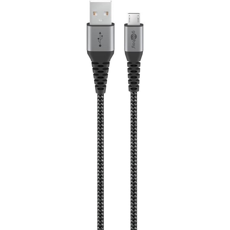 Thumbnail - Goobay Micro-USB auf USB-A Textilkabel mit Metallsteckern (space grau/silber) 2 m, 2 m, Schwarz-Grau (2 m, USB 2.0), USB...