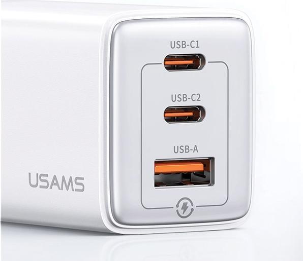 Actual product image Usams Ład. siec. 2xUSB-C+1xUSB 65W (only head) GaN PD3.0 +QC3.0 Fast Charging fioletowy/gradient pur (65 W, 3 ports)