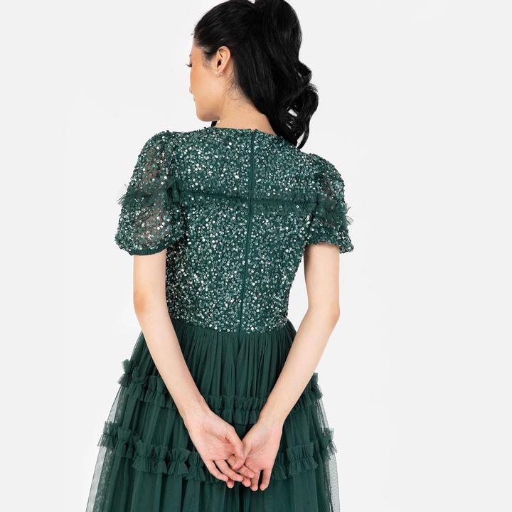 Actual product image Maya Deluxe Embellished Midi Dress with Puff Sleeves for Wedding Guest and Bridesmaid (34, 36, 38, 40, 42, 44, 46, 48, 50, 52, 54)