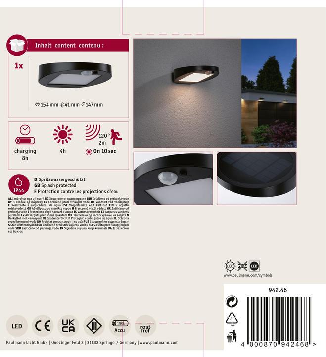 Image du produit Paulmann Applique murale solaire Ryse (145 lm, IP44)
