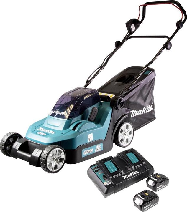 Actual product image Makita DLM432PT2 Cordless lawn mower 2X18V, 43cm, 2X5.0Ah Li-Ion DC18RD, 3 (Rechargeable battery operated)
