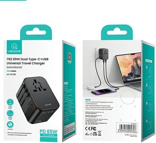 Produktbild Usams US-CC199 T62 65W Dual Type-C+USB Universal Travel Charger (US/AU/UK/EU)