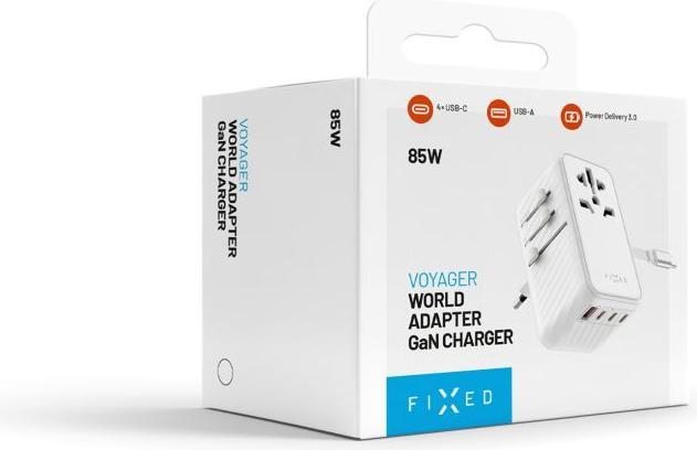 Actual product image Fixed Voyager World Adapter, 4xUSB-C/1xUSB, GaN, 85W, white