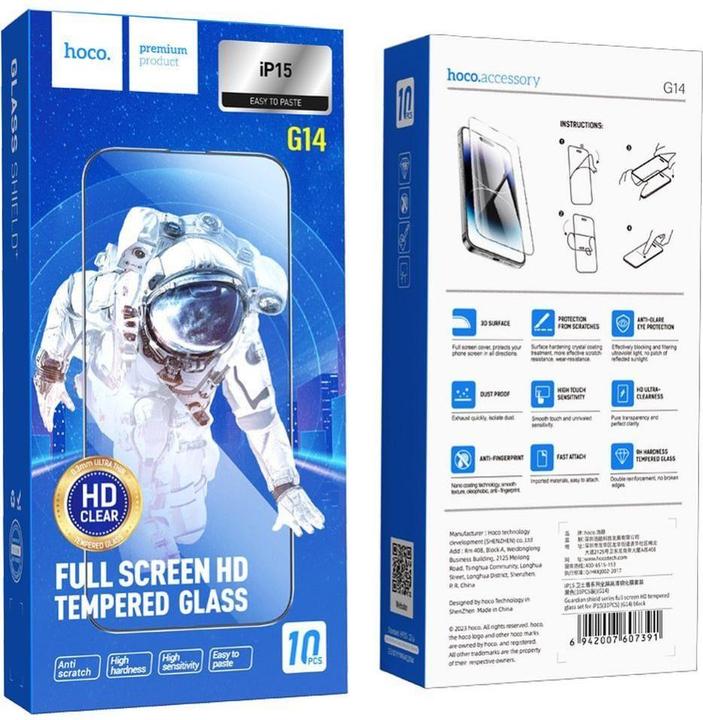 Produktbild Hoco HD 5D Guardian Shield Panzerglas (SET 10in1) - für iPhone 15 / 16 schwarz (G14) (10 Stk., Apple iPhone 15, Apple iPhone 16)