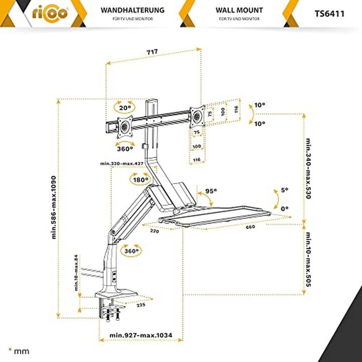 Image du produit Ricoo Support pour deux écrans, bras articulé avec vérin à gaz, fixation sans perçage (Tables)