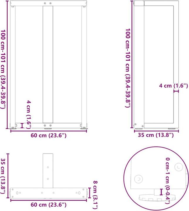 Produktbild vidaXL Bartischbeine T-Form 2 Stk. Anthrazit 60x35x(101-102) cm Stahl