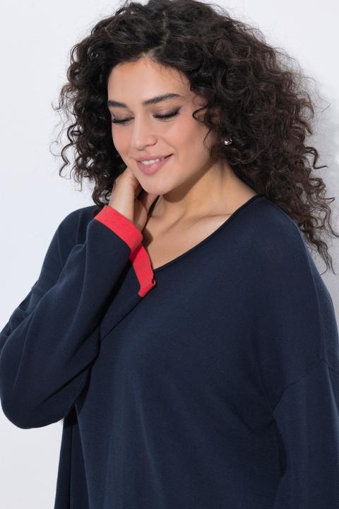 Produktbild Ulla Popken Pullover, farbige Bündchen, V-Ausschnitt, Langarm (50)