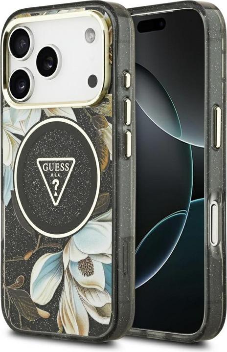 Immagine prodotto Guess Case Magsafe IML Case Glitter Flowers And Triangle With Metal Camera Frame And Buttons For iPh (Apple iPhone 17 Pro Max)