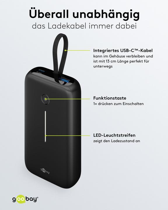 Produktbild Goobay Powerbank 20.000 mAh mit integriertem USB-C-Kabel (20000 mAh, 20 W, 15 Wh)