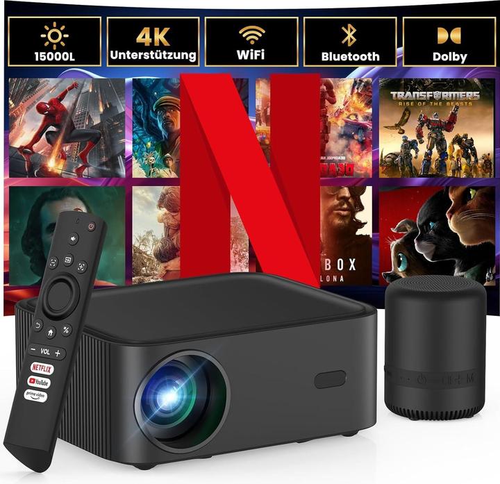 Hopvision Beamer met Dolby Audio, 15000 lumen, Full HD 1080P, WLAN, Bluetooth, compatibel met 4K (Volledige HD, 15000 lm)