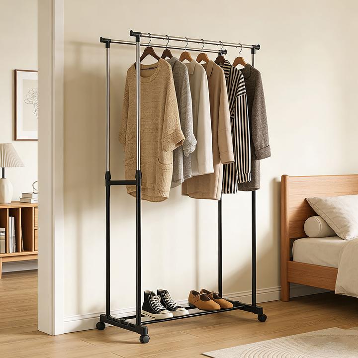 Produktbild Ideoon Mobiler Kleiderständer mit Doppel-Kleiderstange - 80 cm Breite - Höhenverstellbar von 90 bis 160 cm