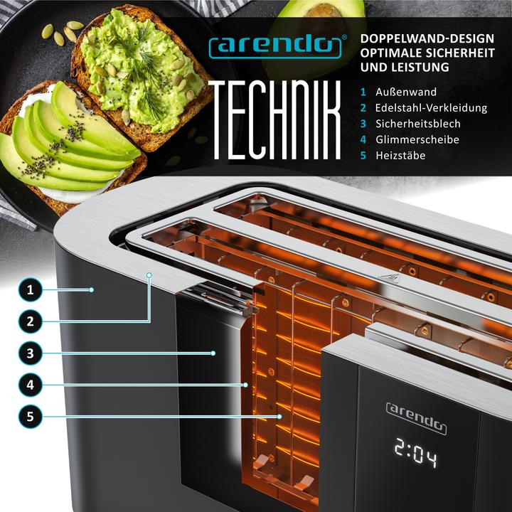Actual product image Arendo Toaster Edelstahl 4 Scheiben Langschlitz, Restzeit & Bräunungsgradanzeige, Touch Display, 1500 W