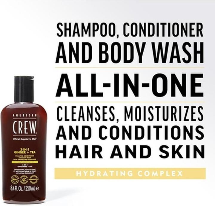 Immagine prodotto American Crew Shampoo, balsamo e lavaggio corpo 3 in 1 allo zenzero e al tè (450 ml)