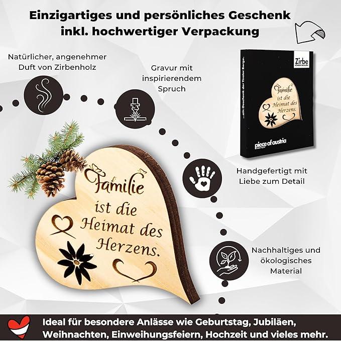 Immagine prodotto ZNatur Decorazione regalo a cuore in legno di pino svizzero con incisione La famiglia è la casa del cuore