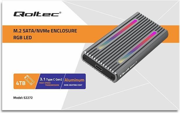 Produktbild Qoltec Obudowa | kieszeń na dysk M.2 SSD SATA | NVME | RGB LED | USB-C (M.2 2230, M.2 2242, M.2 2280, M.2 2260)