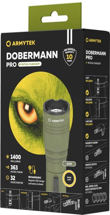 Actual product image ArmyTek Dobermann Pro Magnet USB Olive Warm LED torch with wrist strap, with holster battery-powered (15 cm, 1400 lm)