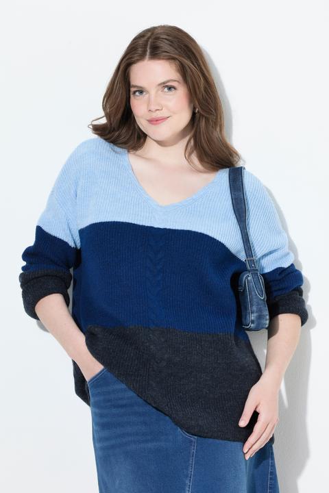 Actual product image Ulla Popken Cable Knit Block Stripe V-Neck Sweater (46, 48)