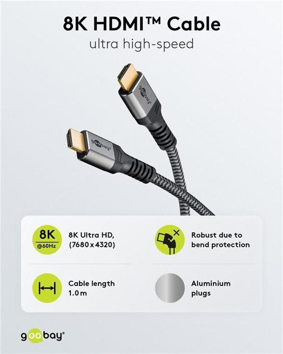 Productafbeelding Goobay Ultra High-Speed HDMI-kabel, 1 m, Haaienhuid Grijs (1 m, HDMI)