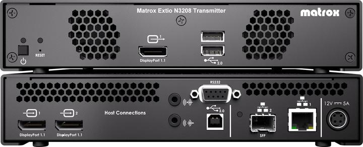 Actual product image Matrox Extio N3208 IP KVM transmitter appliance Extio N3402 captures up to two DisplayPort vi