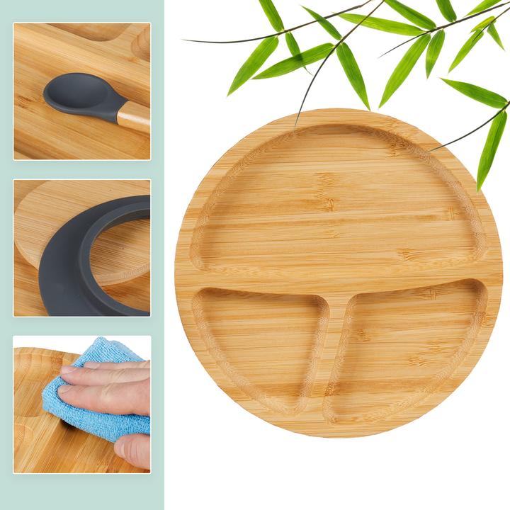 Actual product image Relaxdays - 3-teiliges Kindergeschirr Bambus, Hellbraun/ Grau, 3 x 18 cm