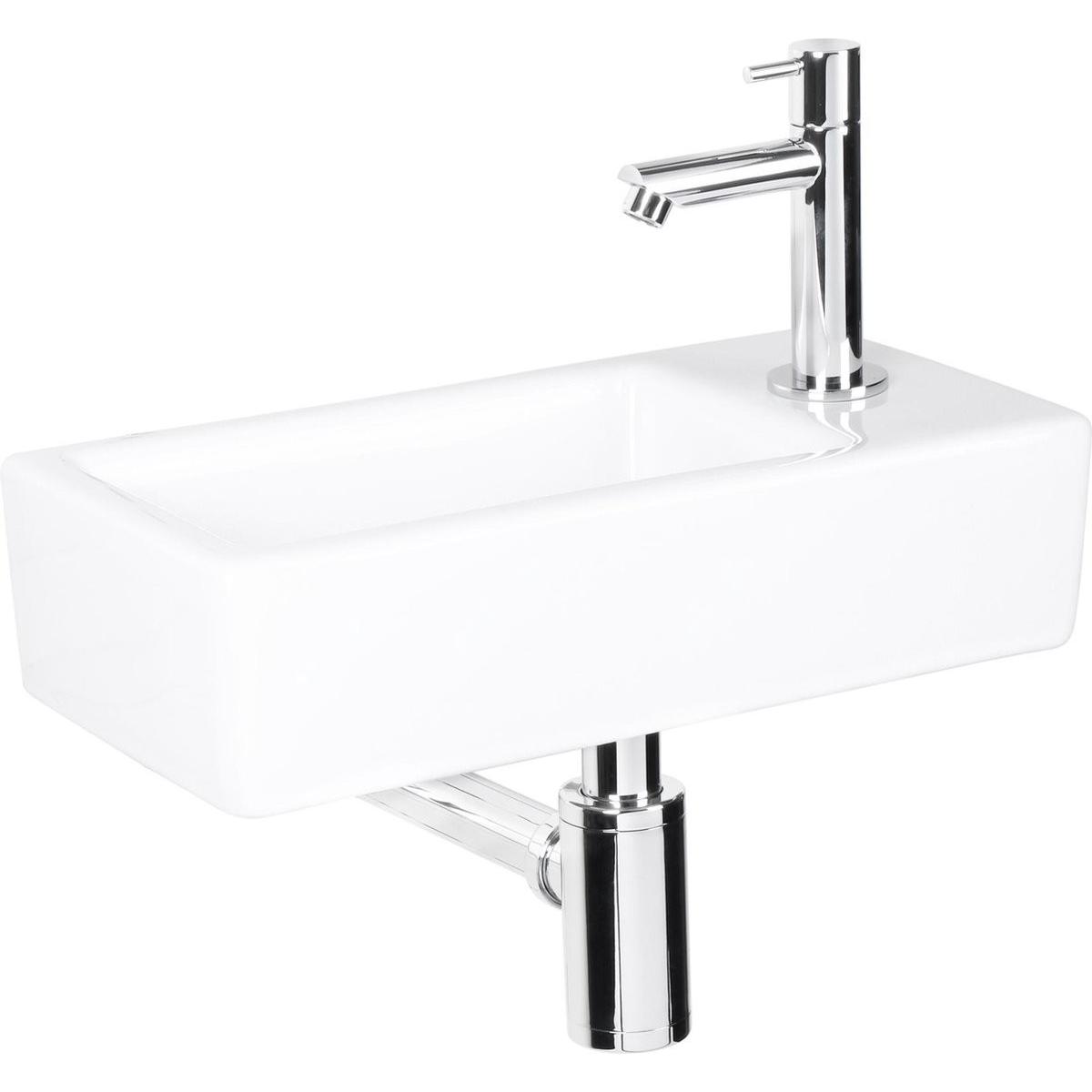 Differnz, Lavandino, Helios Fonteinset - Wasbak Keramiek - Wit - Rechte Kraan - Chroom - Standaard Greep - 36 x 18 x 9 cm (180 mm, 360 mm)