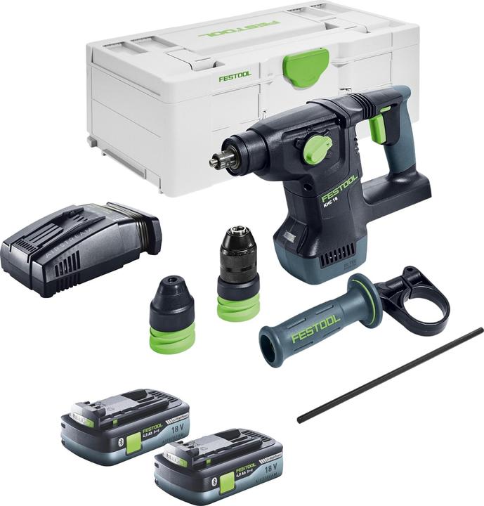 1x Festool KHC 18 EB marteau combiné sans fil, 1x mandrin C SDS KHC, 1x mandrin à serrage rapide KC 13 KHC, 1x poignée supplémentaire AH-50, 181 KHC, 1x butée de profondeur, 1x Festool Systainer³ SYS3 L 187, 2x Festool BP 18 Li 4,0 HPC-ASI batterie 18 V 4,0 Ah, 1x Festool SCA 16 chargeur rapide 10,8 V - 18 V 16 A
