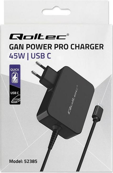 Image du produit Qoltec Ładowarka GaN POWER PRO | 1xUSB-C | 45W | 5-20V | 2.25-3A | Czarna (45 W, 1 portion)