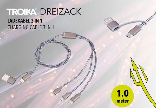 Produktbild Troika DREIZACK Ladekabel 3 in 1, grau (1 m, 5 W)