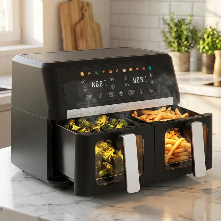 Produktbild Casativo Doppelkorb Heissluftfritteuse 9L Dual Zone Air Fryer – 2x 4,5L Körbe mit Sichtfenster 2400W – LED To