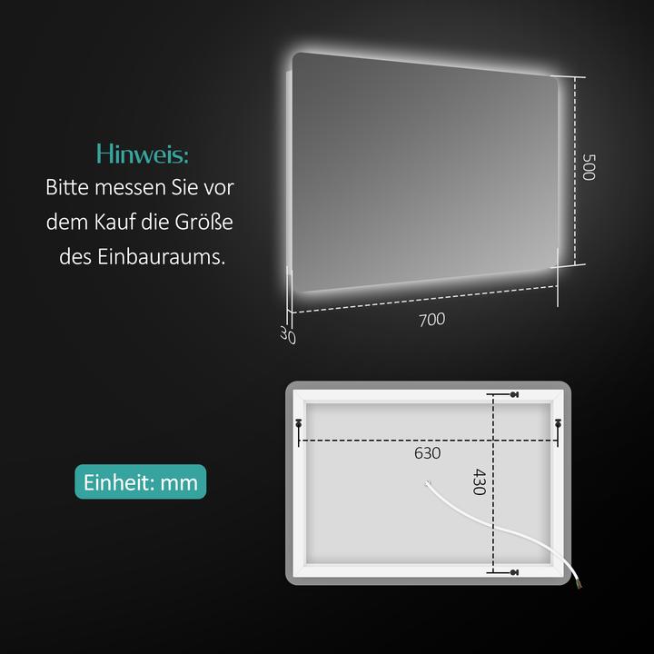 Produktbild Emke LED Badezimmerspiegel 70x50 cm, Kaltweiss 6500 K, rostbeständiger Spiegel, IP44, für Badezimmer (70 x 50 x 3 cm)