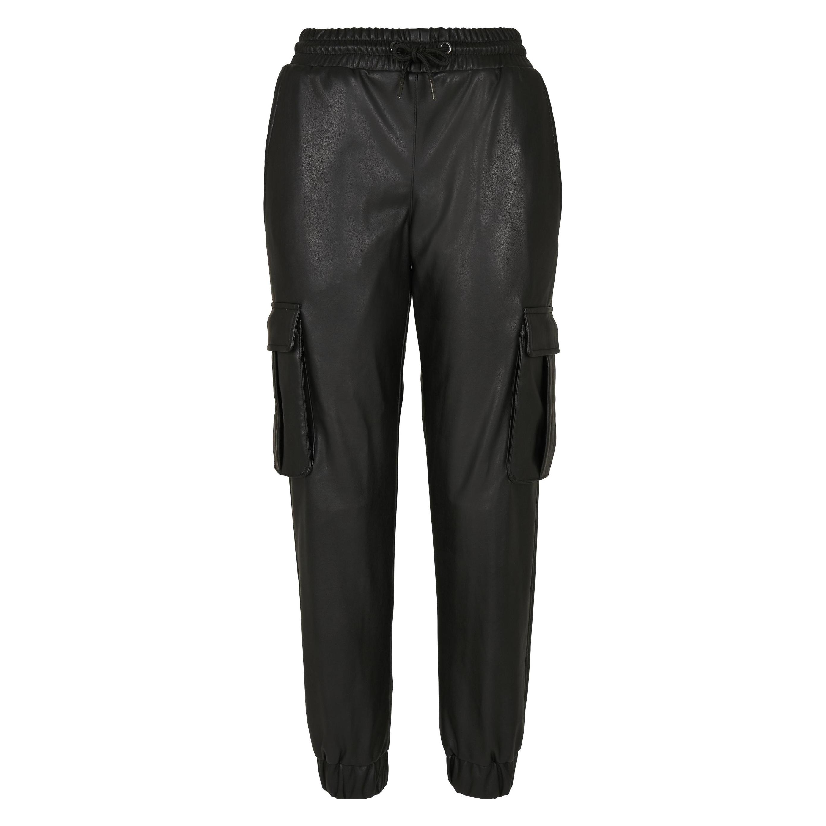 Urban Classics, Damen, Hosen, Ladies Faux Leather Cargo Pants, Schwarz, (L)