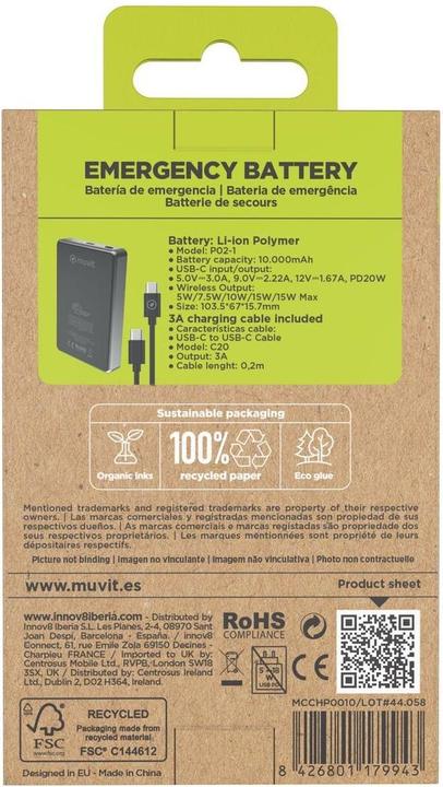 Immagine prodotto Muvit Powerbank for Change Schwarz Aluminium 10000 mAh (10000 mAh, 20 W)