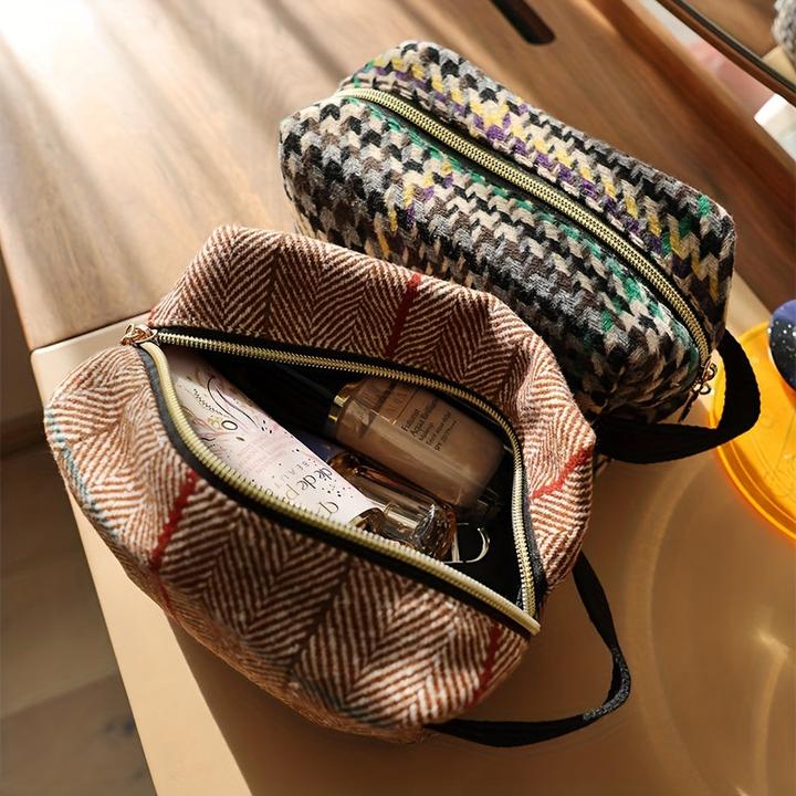 Actual product image Only-Bags.Store Plaid Woolen Cosmetic Bag - Spacious & Portable Makeup Organiser with Zipper, Foldable