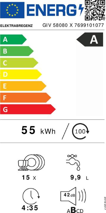 Energy Label Elektrabregenz GIV58080X Geschirrspüler Einbau vollintegriert 60cm EEK:A