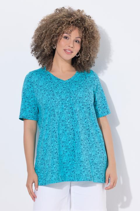 Actual product image Ulla Popken Geometric Fish Print Short Sleeve V-Neck Tee (60)