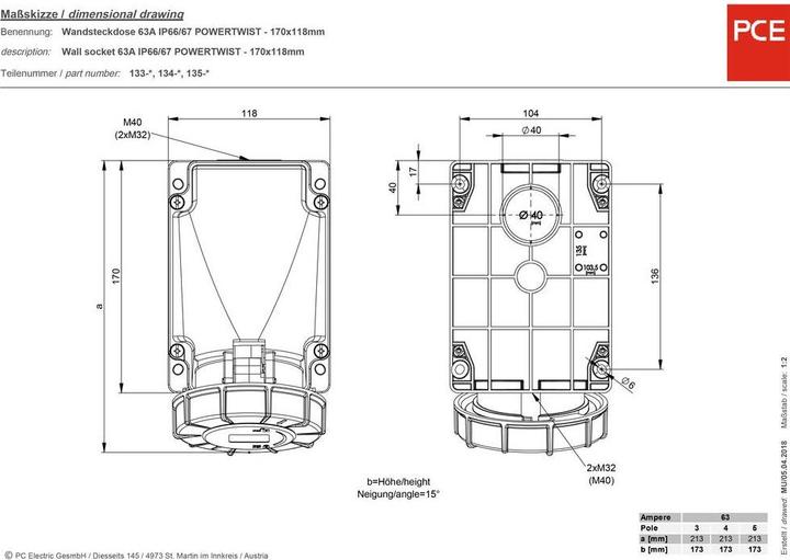 Actual product image PCE CEE wall socket 63 A 5-pole