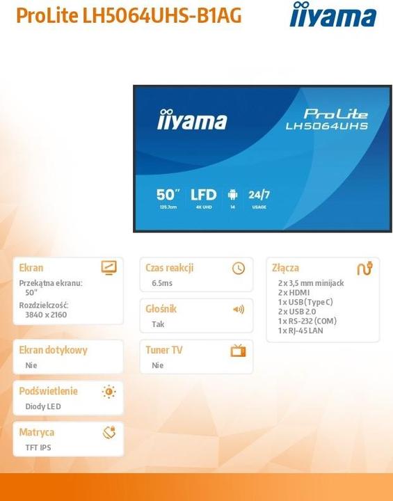 Actual product image iiyama 125.7cm(49.5") LH5064UHS-B1AG 16:9 2xHDMI+1xUSB-C (Speditionsversand) (3840 x 2160 Pixels, 50")
