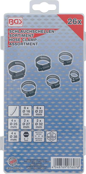 Actual product image BGS Schlauchklemmen-Sortiment rostfrei Ø 16 - 38 mm 26-tlg. (Hose clamp, 38 mm)