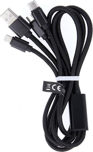 Image du produit Maxlife Câble 3en1 USB - Lightning + USB-C + microUSB 1,0 m 2,1A noir nylon (1 m, 10 W)