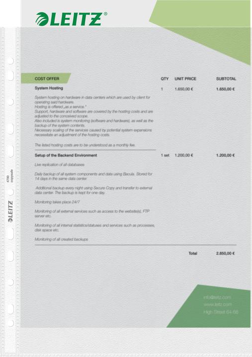 Produktbild Leitz Prospekthülle Standard, A4, PP, genarbt, 0,09 mm oben offen, dokumentenecht, Lochung: Euroloch (A4, 100x)